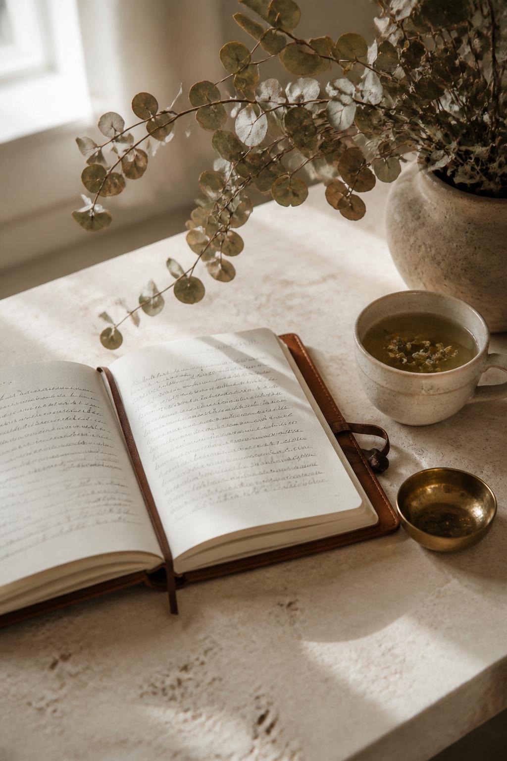 دفتر خاطرات، فنجان و اکالیپتوس روی میزی سنگی